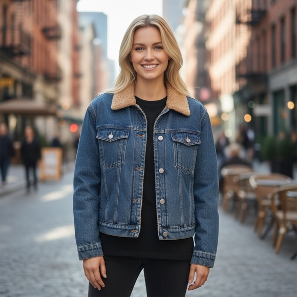 Anthropologie Pilcro Sherpa Denim Jean Jacket Womens Large Trucker Boyfriend Dad - Picture 1 of 13